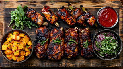 Fototapeta premium Savory grilled ribs with sides of roasted vegetables and fresh herbs on a wooden platter