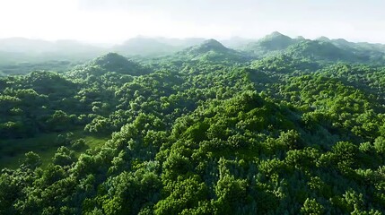 Fototapeta premium Vast Expanses of Lush Green Mountain Ranges Extending Under a Cloudless Sky.