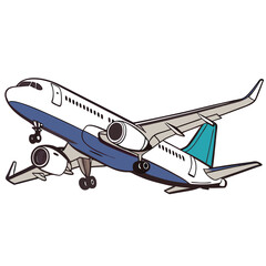 A vector illustration depicts a commercial airplane taking flight against a white background, symbolizing air travel and aviation