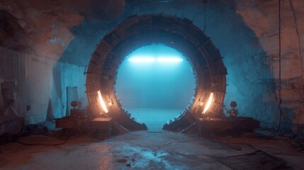 Futuristic Sci Fi Portal in a Mysterious Underground Tunnel with Neon Lights