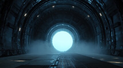 Futuristic Sci Fi Tunnel Corridor with Glowing Circular Exit Leading to Light