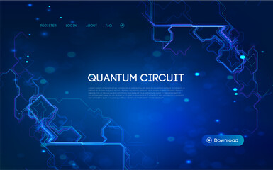 Quantum circuit concept with glowing blue neon lines on dark background, futuristic digital network, artificial intelligence, cyber technology, and abstract high tech data flow