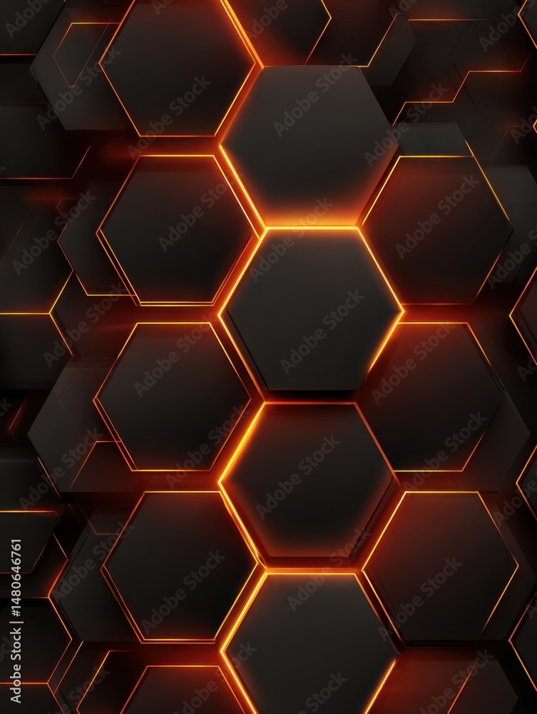 Wall mural abstract background of black hexagons with glowing orange edges in a geometric pattern close up view