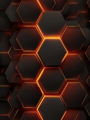 Obraz premium Abstract background of black hexagons with glowing orange edges in a geometric pattern close up view