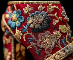 Image of an ornate shoe with floral embroidery.