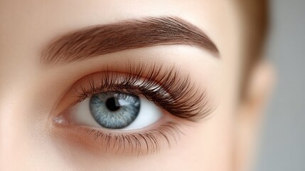 Obraz premium Stunning close-up reveals a woman's striking eyes framed by dark, thick eyebrows and defined lashes, set against flawless skin