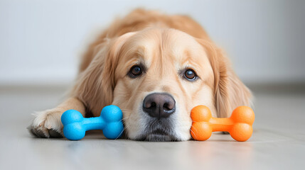 Golden Retriever Puppy Lying on Floor with Toys