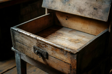 Antique wooden drawer open, showing empty interior.