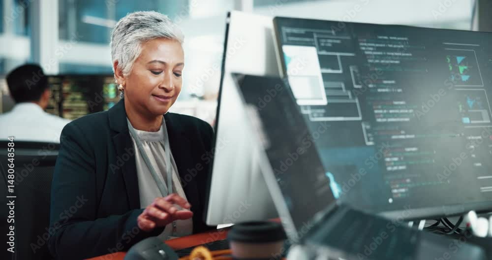 Poster Woman, computer and screen with developer in office for programming, information and software update. Mature person, pc and testing for website development, coding server and troubleshooting system