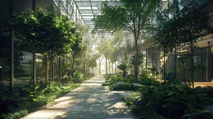 Obraz premium Lush, sunlit walkway through a modern green space.