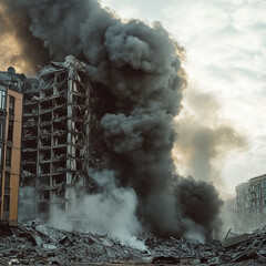 Destruction in an urban area due to an explosion with heavy smoke rising from a collapsed building