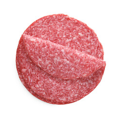Slices of tasty smoked sausage isolated on white, top view
