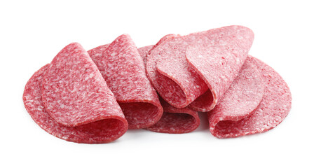 Slices of tasty smoked sausage isolated on white