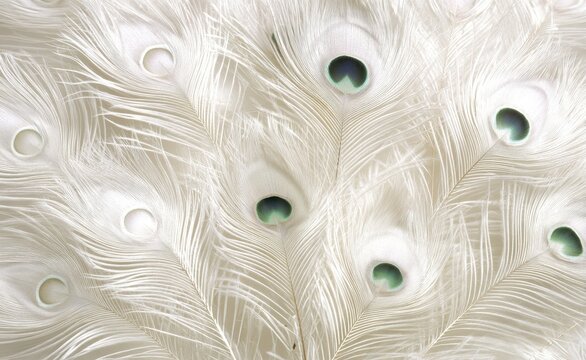 Fototapeta A close-up of the albino peacock's white feathers reveals the intricate texture of its plumage, comparable to that of rare and unusual fairy birds with white feathers, making for a beautiful
