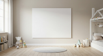A minimalist nursery room with a large blank canvas and wooden floor and soft toys and bed area