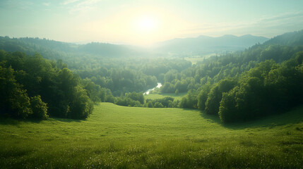 Obraz premium Serene sunrise over lush green valley, river meanders through verdant hills