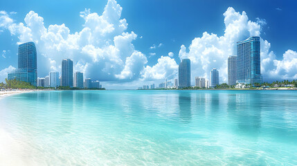 Naklejka premium Sunny coastal city skyline reflected in tranquil turquoise water, white sandy beach in foreground