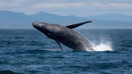 Fototapeta premium Majestic Whale Breaching Ocean Surface Aquatic Giant Sea Creature Leaping Marine Wildlife Oceanic Spectacle Powerful Mammal Coastal Wonder Undersea Kingdom 