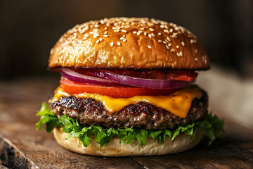 Close-up view of a gourmet cheeseburger on a rustic wooden surface.