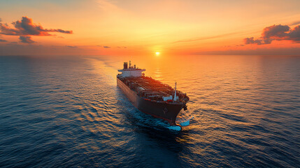 Fototapeta premium A large tanker ship sails across a calm ocean at sunset, leaving a wake behind it