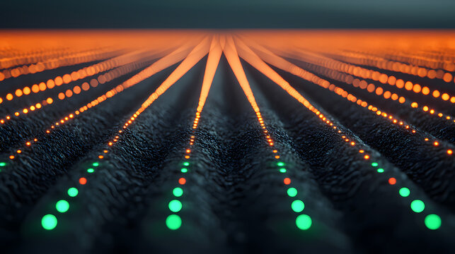 A futuristic, close-up view of glowing LED lights arranged in parallel rows, resembling a digital or electronic circuit board.