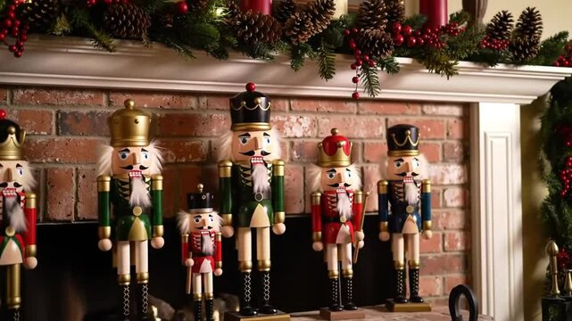 Nutcracker Regiment Arrayed On Festive Fireplace Mantel With Evergreen