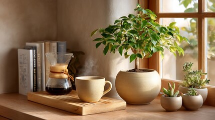 Sunny morning brew amid houseplants tranquility