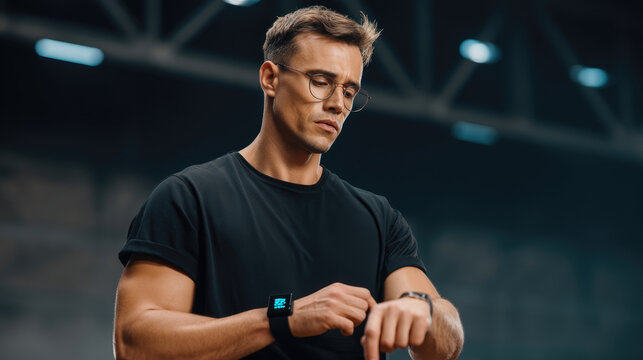 Athletic man in glasses checks fitness tracker. Indoor gym background, black tee
