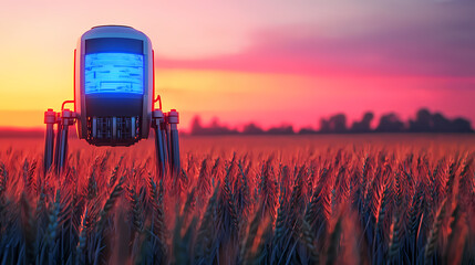 A futuristic robot stands in a wheat field at sunset, blending technology with agriculture in a vibrant rural landscape.