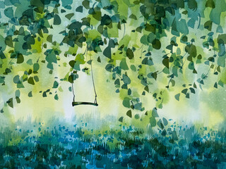 Garden swing under the linden tree branches