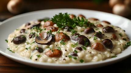 Creamy mushroom risotto, garnished with parsley, served on a white plate