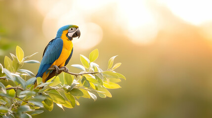 Blue And Yellow Macaw Perched On A Branch In Sunlight