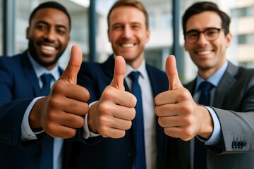 A team of corporate professionals show their endorsement and appreciation by giving a thumbs up, captured in a closeup of their affirming hand movements in the office