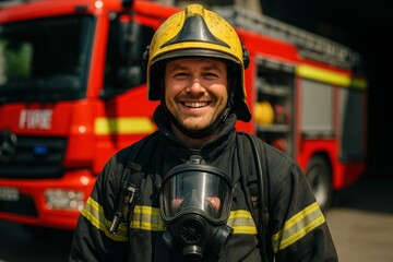 Picture of a smiling fireman equipped with a gas mask and helmet next to a fire engine