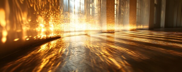 Golden sunlight streams through sheer curtains, casting dramatic, dancing shadows and warm light across a polished wooden floor.  