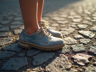 Naklejka premium Lost small shoe on rough pavement, symbolizing absence and vulnerability
