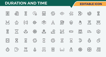 Duration And Time icon. Included hourglass, calendar, timetable, sandglass, schedule and more. Duration line icon set. Minimal icons set. Editable vector art and illustration.