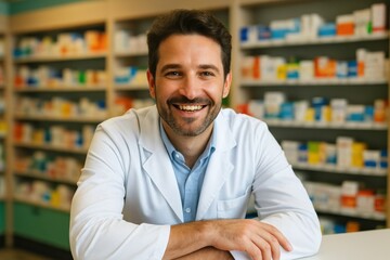 Obraz premium The drugstore's counter is where a cheerful handsome pharmacist is leaning