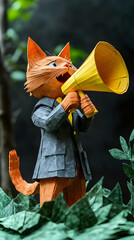 Obraz premium A papercrafted cat in a suit shouts into a megaphone amidst foliage