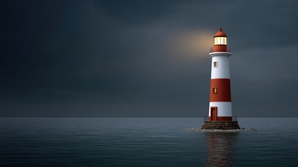 Obraz premium Illuminating lighthouse standing alone in tranquil waters coastal landscape nighttime view serenity concept