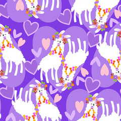 Cute llamas with flowers with hearts on purple background