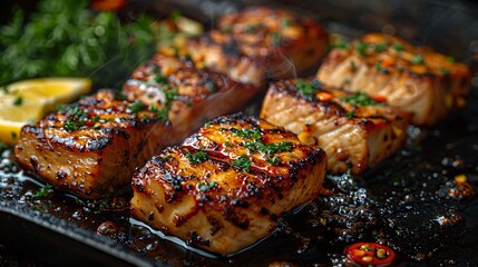 Grilled Fish Fillets Sizzling Pan Lemon Herbs Delicious Food
