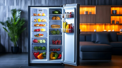 A well-stocked refrigerator showcasing fresh produce, pastries, and beverages, sits in a modern kitchen