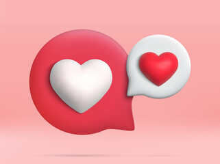 3D icon chat button with red and white heart. Perfect for love themed designs. Realistic and isolated on pink background. vector illustration
