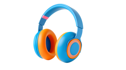 3D render of over-ear headphones. Vibrant blue and orange earcups with subtle pink accents isolated on transparent background
