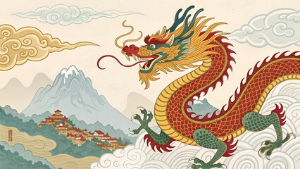 Majestic Chinese Dragon Soaring Over Ancient Mountains and Village