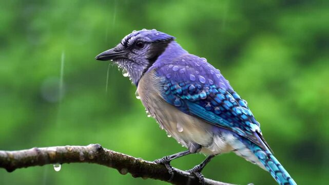 Blue Jay Enjoying A Refreshing Rain Shower On A Verdant Branch