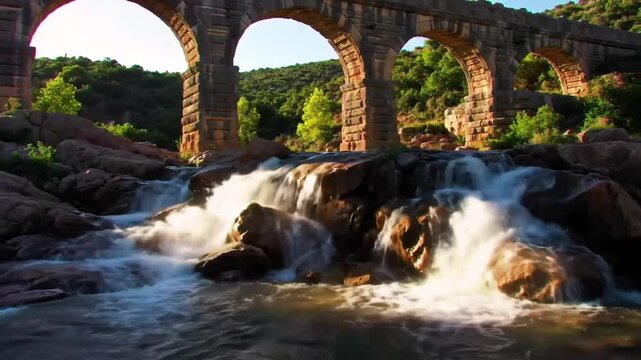Ancient Arches Over Cascade Tranquil River Flowing Smoothly Through The Landscape