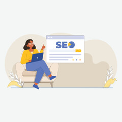 Women Working on Laptop in Office, 2D Illustration for Search Engine Optimization and Marketing

