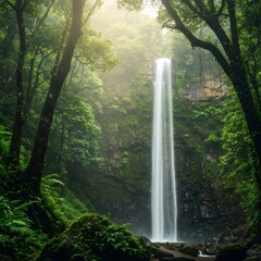 Majestic waterfall cascading through lush rainforest in the morning mist